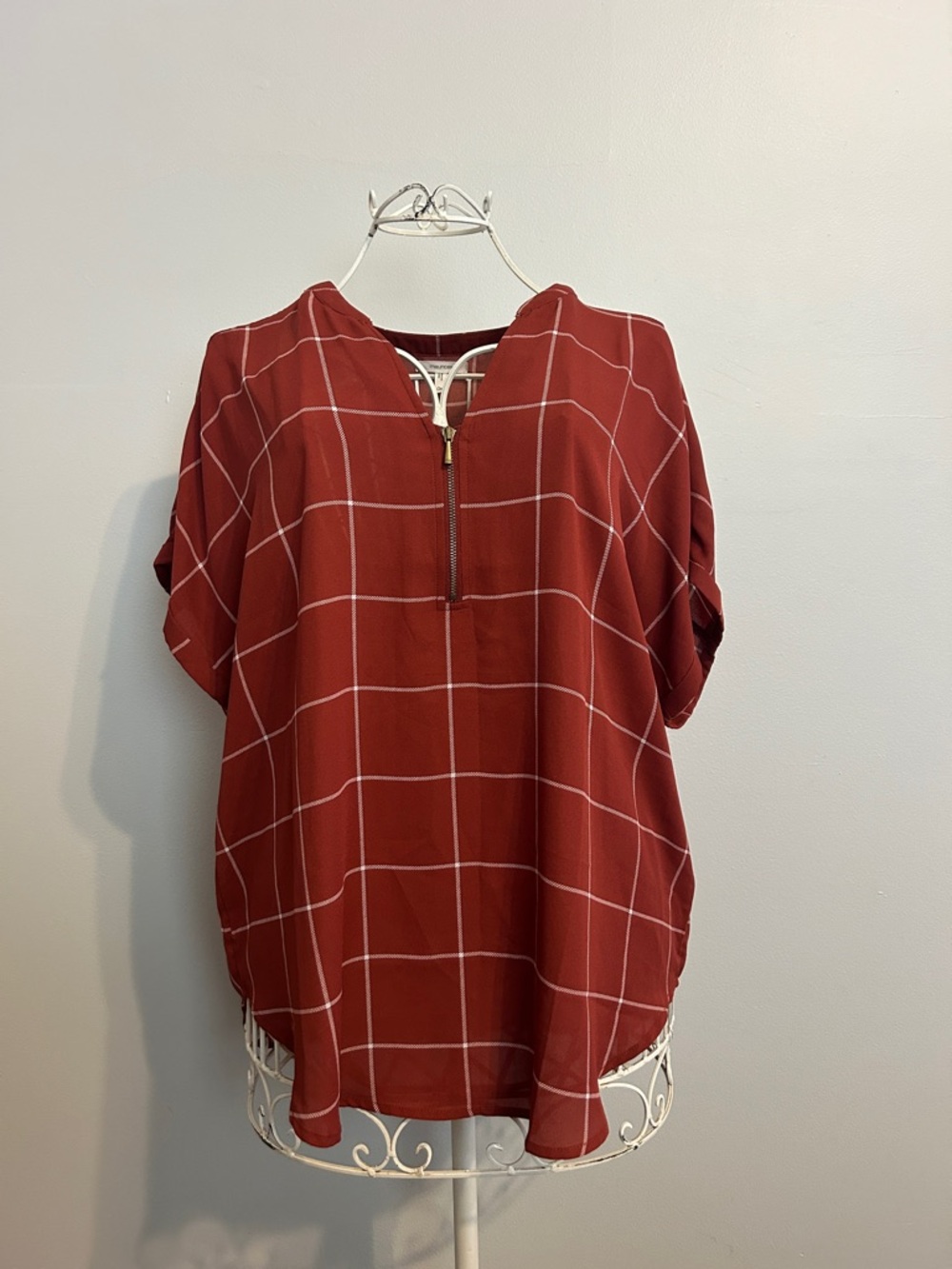 Maurices Brick Red Windowpane Zip Pullover Blouse